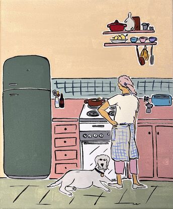 Simplify nostalgic kitchen with dog and fridge. 