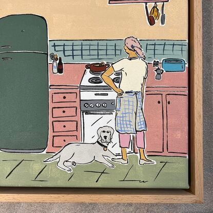 Simplify nostalgic kitchen with dog and fridge. 