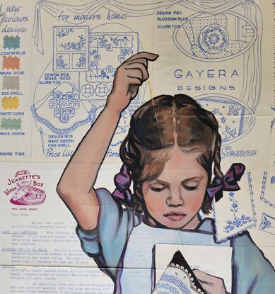 Mixed media of oil paint on vintage 1960s paper ephemera celebrating hand sewing and embroidery by young girl. 