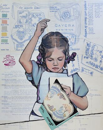 Mixed media of oil paint on vintage 1960s paper ephemera celebrating hand sewing and embroidery by young girl. 