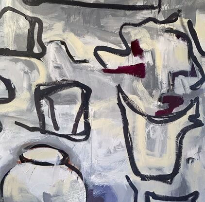 abstract of table with objects in beige, maroon, grey, white and highlights of maroon