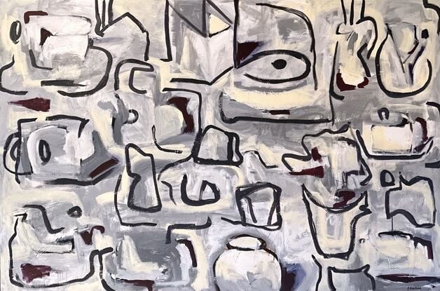 abstract of table with objects in beige, maroon, grey, white and highlights of maroon