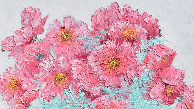 A thickly textured oil painting still life with pink cosmos flowers in a tall orange glass vase.