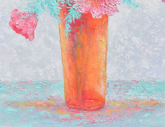 A thickly textured oil painting still life with pink cosmos flowers in a tall orange glass vase.