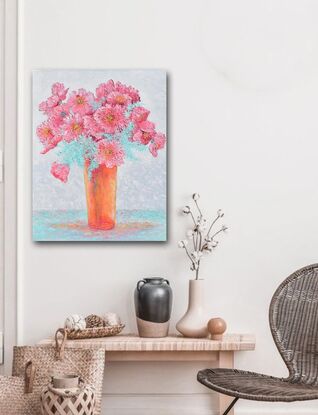 A thickly textured oil painting still life with pink cosmos flowers in a tall orange glass vase.