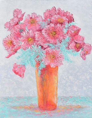 A thickly textured oil painting still life with pink cosmos flowers in a tall orange glass vase.