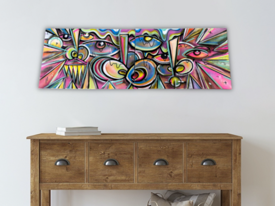 A vibrant, abstract triptych featuring fragmented geometric shapes, expressive eyes, and dynamic lines, painted in bold, saturated colors like pink, yellow, and blue, conveying deep emotions and mental health struggles.