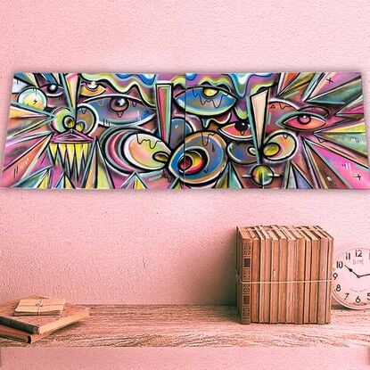 A vibrant, abstract triptych featuring fragmented geometric shapes, expressive eyes, and dynamic lines, painted in bold, saturated colors like pink, yellow, and blue, conveying deep emotions and mental health struggles.