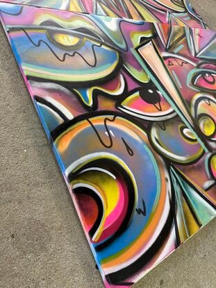 A vibrant, abstract triptych featuring fragmented geometric shapes, expressive eyes, and dynamic lines, painted in bold, saturated colors like pink, yellow, and blue, conveying deep emotions and mental health struggles.