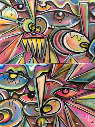 A vibrant, abstract triptych featuring fragmented geometric shapes, expressive eyes, and dynamic lines, painted in bold, saturated colors like pink, yellow, and blue, conveying deep emotions and mental health struggles.