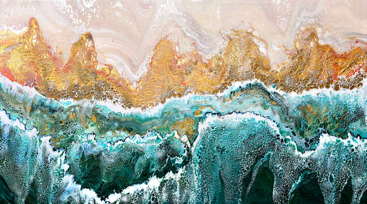 ABSTRACT painting that gives the impression of soothing ocean waves lapping in to soft sandy beach with slow easy waves creating crests of white..  The intricate mosaic pattern within the tonal green hues and tones of teal and aquamarine and deep blue hues and the glimmering metallics adds added interest and intrigue. The water seems to sparkle like jewels. The copper helps the warer look like churning waters on the shore...
The closer you get to the painting the more of the interesting details and patterns you can see. Metallics add an extra depth because the painting changes personality when one views from different angles.
although it is an impressionistic abstract, it still has a sense of motion of waves moving and frothing white!!!