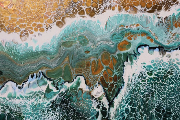 ABSTRACT painting that gives the impression of soothing ocean waves lapping in to soft sandy beach with slow easy waves creating crests of white..  The intricate mosaic pattern within the tonal green hues and tones of teal and aquamarine and deep blue hues and the glimmering metallics adds added interest and intrigue. The water seems to sparkle like jewels. The copper helps the warer look like churning waters on the shore...
The closer you get to the painting the more of the interesting details and patterns you can see. Metallics add an extra depth because the painting changes personality when one views from different angles.
although it is an impressionistic abstract, it still has a sense of motion of waves moving and frothing white!!!