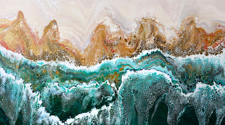 ABSTRACT painting that gives the impression of soothing ocean waves lapping in to soft sandy beach with slow easy waves creating crests of white..  The intricate mosaic pattern within the tonal green hues and tones of teal and aquamarine and deep blue hues and the glimmering metallics adds added interest and intrigue. The water seems to sparkle like jewels. The copper helps the warer look like churning waters on the shore...
The closer you get to the painting the more of the interesting details and patterns you can see. Metallics add an extra depth because the painting changes personality when one views from different angles.
although it is an impressionistic abstract, it still has a sense of motion of waves moving and frothing white!!!