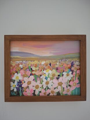 abstract textured flowers in a wooden frame