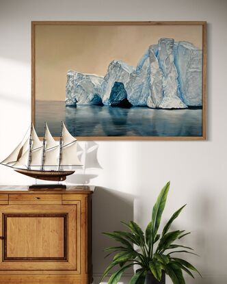 This oil painting portrays a massive iceberg with intricate details, reflecting on the still surface of the water. The soft beige sky contrasts beautifully with the cold blue and white hues of the ice, creating a serene and quiet atmosphere.