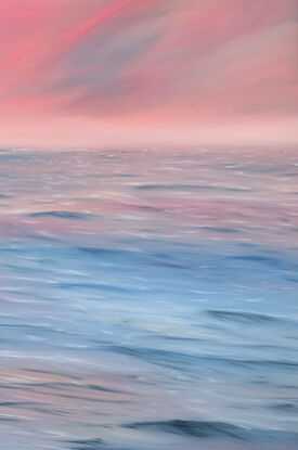 Bright pink sky over a blue and pink moving sea painted on Sustainable Canvas