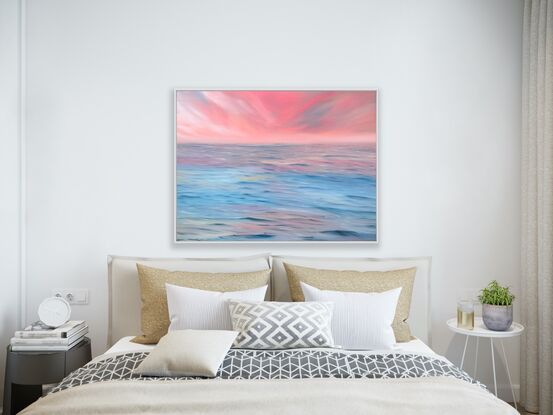 Bright pink sky over a blue and pink moving sea painted on Sustainable Canvas