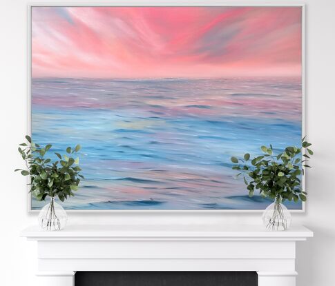 Bright pink sky over a blue and pink moving sea painted on Sustainable Canvas