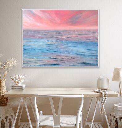 Bright pink sky over a blue and pink moving sea painted on Sustainable Canvas