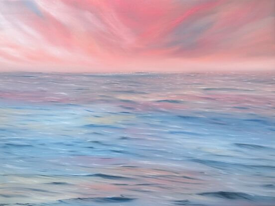 Bright pink sky over a blue and pink moving sea painted on Sustainable Canvas