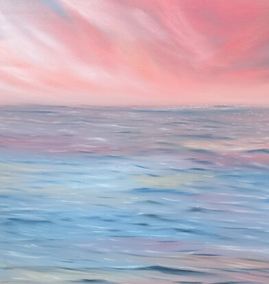 Bright pink sky over a blue and pink moving sea painted on Sustainable Canvas