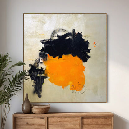 Large abstract of textured acrylic paint, ink, charcoal & pastel on a weathered ground of earthy, warm olive grays & white with vibrant orange.