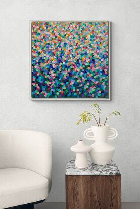 Dynamic abstract colourful floral work which exudes the joy of nature.