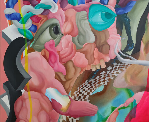 "Medusa Gordon" is a vibrant surrealist painting featuring swirling, snake-like forms in blues and greens. An abstract face with mismatched eyes emerges from flesh-toned shapes. Organic forms blend with geometric elements, creating a dynamic, dreamlike scene. This artwork merges mythology with contemporary style, signed by Yelena.