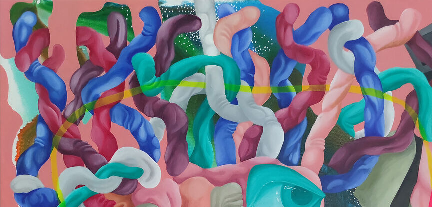 "Medusa Gordon" is a vibrant surrealist painting featuring swirling, snake-like forms in blues and greens. An abstract face with mismatched eyes emerges from flesh-toned shapes. Organic forms blend with geometric elements, creating a dynamic, dreamlike scene. This artwork merges mythology with contemporary style, signed by Yelena.