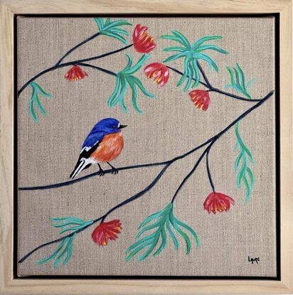 This Flame Robin is an Australian native bird 
I chose to built this painting with a dream zen garden 
In opposition with a realistic bird .
It give a note of natural deco with a frame in natural wood.
This background linen give a note of neutral colour.. perfect in any little room.
Each painting is provided with a certificate of authenticity.
Wrapped securely with bubbles layers and thick cardboards.