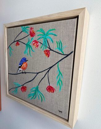 This Flame Robin is an Australian native bird 
I chose to built this painting with a dream zen garden 
In opposition with a realistic bird .
It give a note of natural deco with a frame in natural wood.
This background linen give a note of neutral colour.. perfect in any little room.
Each painting is provided with a certificate of authenticity.
Wrapped securely with bubbles layers and thick cardboards.