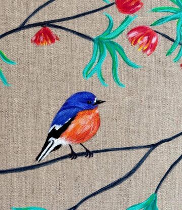 This Flame Robin is an Australian native bird 
I chose to built this painting with a dream zen garden 
In opposition with a realistic bird .
It give a note of natural deco with a frame in natural wood.
This background linen give a note of neutral colour.. perfect in any little room.
Each painting is provided with a certificate of authenticity.
Wrapped securely with bubbles layers and thick cardboards.