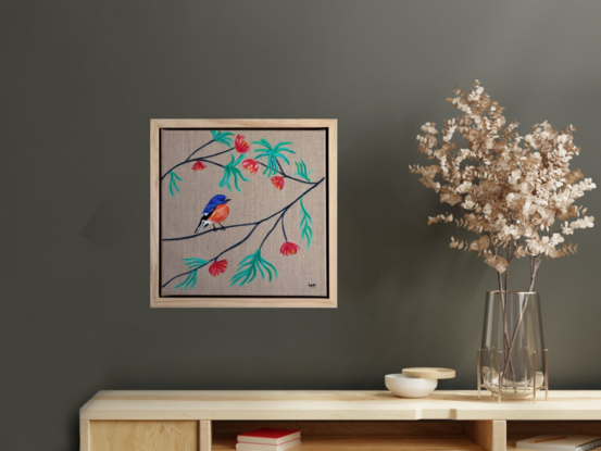 This Flame Robin is an Australian native bird 
I chose to built this painting with a dream zen garden 
In opposition with a realistic bird .
It give a note of natural deco with a frame in natural wood.
This background linen give a note of neutral colour.. perfect in any little room.
Each painting is provided with a certificate of authenticity.
Wrapped securely with bubbles layers and thick cardboards.