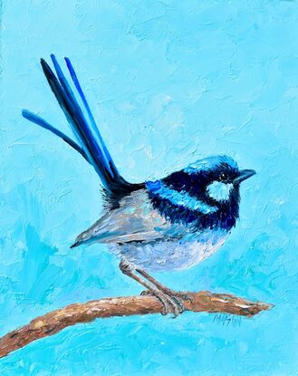 Thick textured oil painting of a Superb Fairywren perched on a branch.  This small bird has a pale blue crown, cheek, and back with a strong black line from the bill through the eyes and around the back of the head.