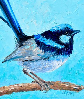 Thick textured oil painting of a Superb Fairywren perched on a branch.  This small bird has a pale blue crown, cheek, and back with a strong black line from the bill through the eyes and around the back of the head.