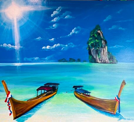 A Vibrant Acrylic Journey Through Krabi's Crystal Waters with Canoes Amidst Thailand's Islands and Paradise Sunlight