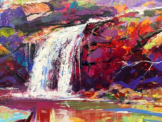 A creek in a forest rushing over rocks ending in a waterfall. Painted in very vibrant colours. 