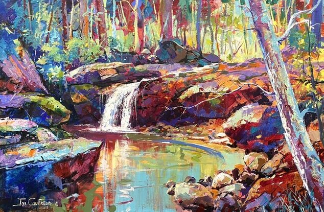 A creek in a forest rushing over rocks ending in a waterfall. Painted in very vibrant colours. 