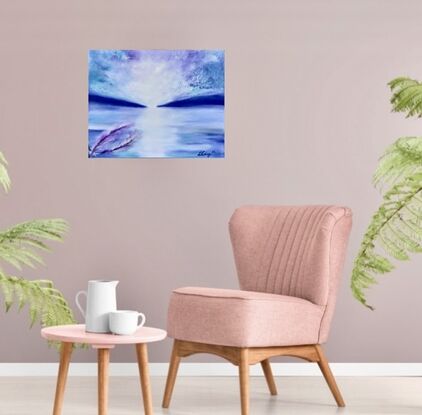 This atmospheric Mystical seascape impressionistic  painting captures the essence of the ocean with a minimalistic approach. Using a palette of purple, blue, white, aquamarine, royal blue, and black, the artist masterfully blends colours with a palette knife and soft brush to create a textured surface that evokes a sense of tranquility and depth. Perfect for a bedroom, this piece comes with a certificate of authenticity and is ready to hang with all sides painted and gallery wrapped, making it a versatile addition to any space. Transport yourself to the serene beauty of the sea with this captivating artwork.