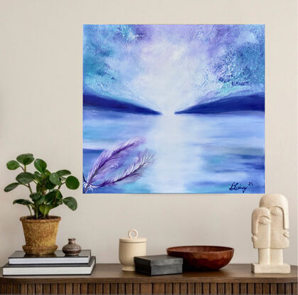 This atmospheric Mystical seascape impressionistic  painting captures the essence of the ocean with a minimalistic approach. Using a palette of purple, blue, white, aquamarine, royal blue, and black, the artist masterfully blends colours with a palette knife and soft brush to create a textured surface that evokes a sense of tranquility and depth. Perfect for a bedroom, this piece comes with a certificate of authenticity and is ready to hang with all sides painted and gallery wrapped, making it a versatile addition to any space. Transport yourself to the serene beauty of the sea with this captivating artwork.