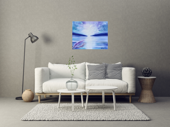 This atmospheric Mystical seascape impressionistic  painting captures the essence of the ocean with a minimalistic approach. Using a palette of purple, blue, white, aquamarine, royal blue, and black, the artist masterfully blends colours with a palette knife and soft brush to create a textured surface that evokes a sense of tranquility and depth. Perfect for a bedroom, this piece comes with a certificate of authenticity and is ready to hang with all sides painted and gallery wrapped, making it a versatile addition to any space. Transport yourself to the serene beauty of the sea with this captivating artwork.