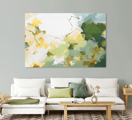 Large strokes of layered colours, greens, grey blues, olive and yellow on a white background.