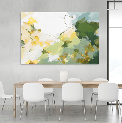 Large strokes of layered colours, greens, grey blues, olive and yellow on a white background.