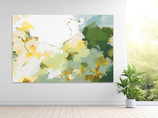 Large strokes of layered colours, greens, grey blues, olive and yellow on a white background.