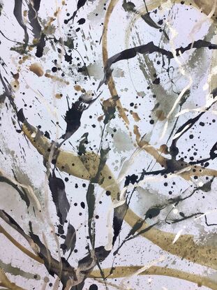 A large painting of seaweed with metallic gold, ochre,  burnt orange, pale terracotta, khaki, green  black and white.