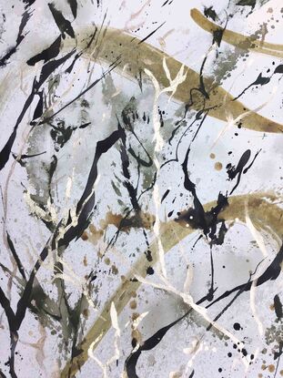 A large painting of seaweed with metallic gold, ochre,  burnt orange, pale terracotta, khaki, green  black and white.