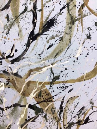 A large painting of seaweed with metallic gold, ochre,  burnt orange, pale terracotta, khaki, green  black and white.