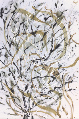 A large painting of seaweed with metallic gold, ochre,  burnt orange, pale terracotta, khaki, green  black and white.