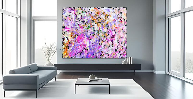 Images show the painting in different lounge rooms.