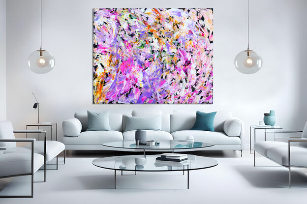 Images show the painting in different lounge rooms.